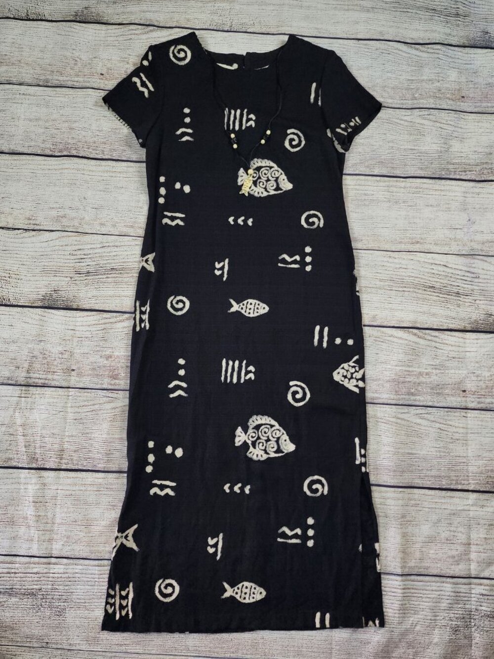 BETSY'S‎ THINGS Vtg Maxi Dress 10 Black Fish Tribal 90s Retro Boho Beachy Resort
